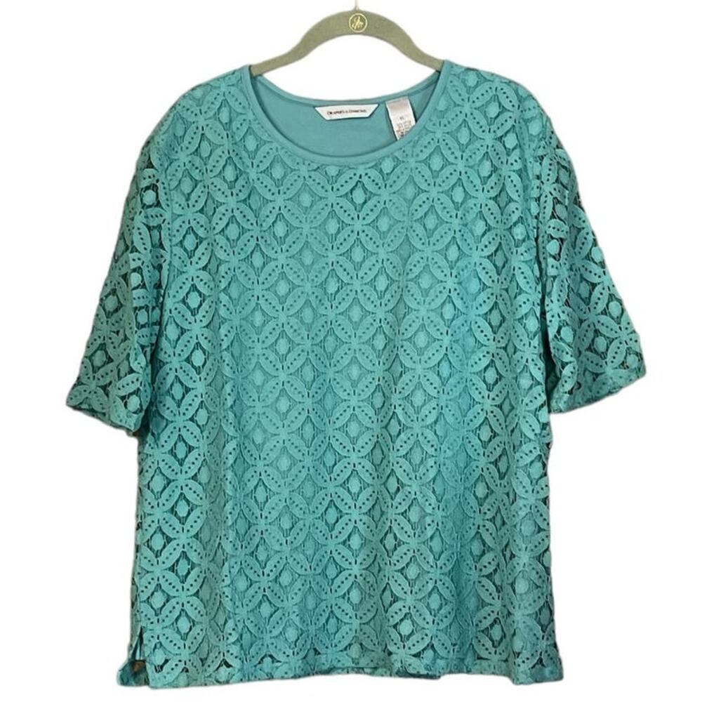 Drapers & Damons Size XL Womens Short Sleeve Cotton Blend Lace Top Seafoam Green